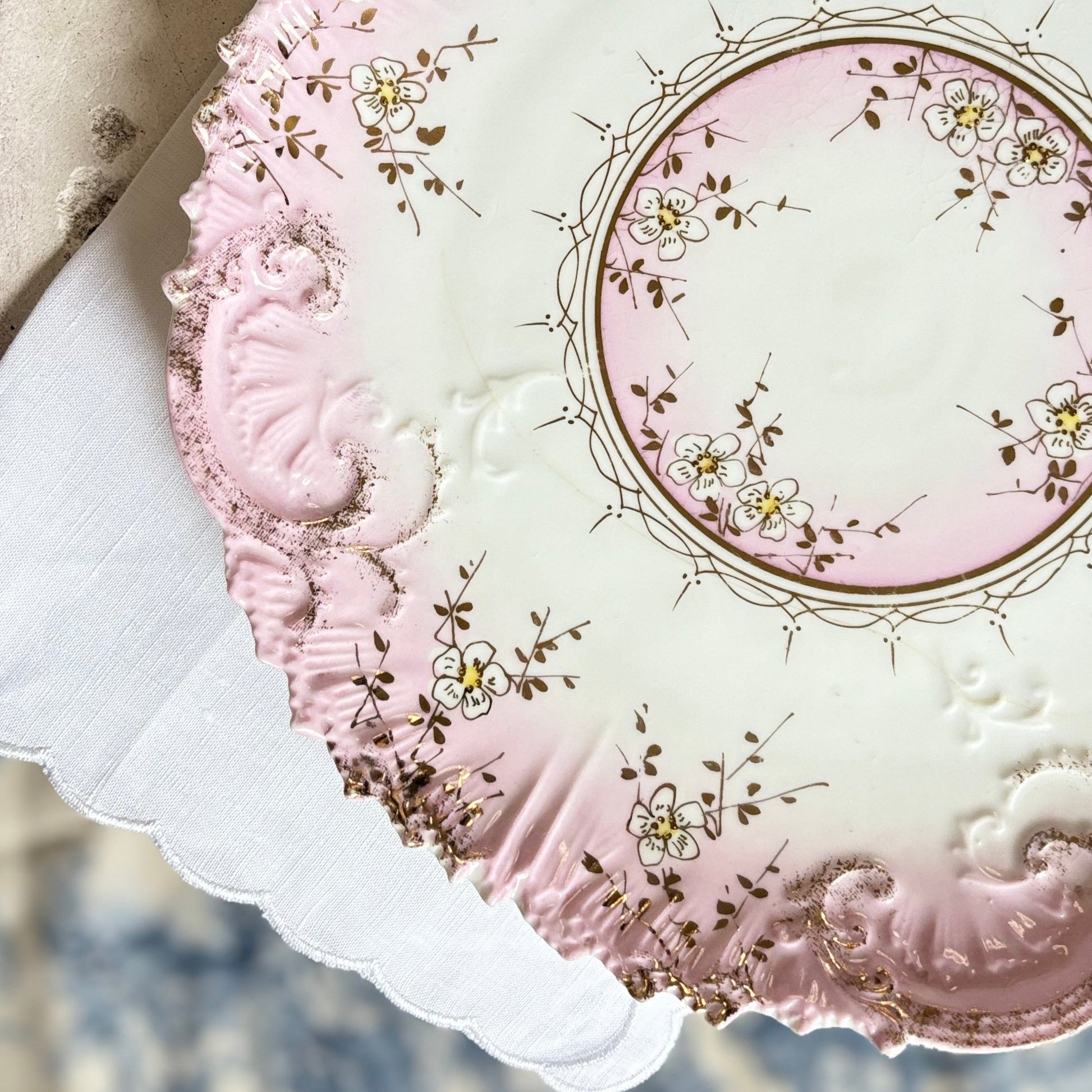 Pair Floral Porcelain Plates with Gold Encrusted Scalloped Rim, Decorative Gold Trim, Elegant Tableware - Special Occasions - Free Shipping!