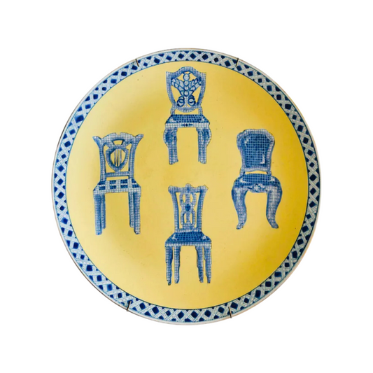 Set of Yellow Decorative Plates with Blue Chairs