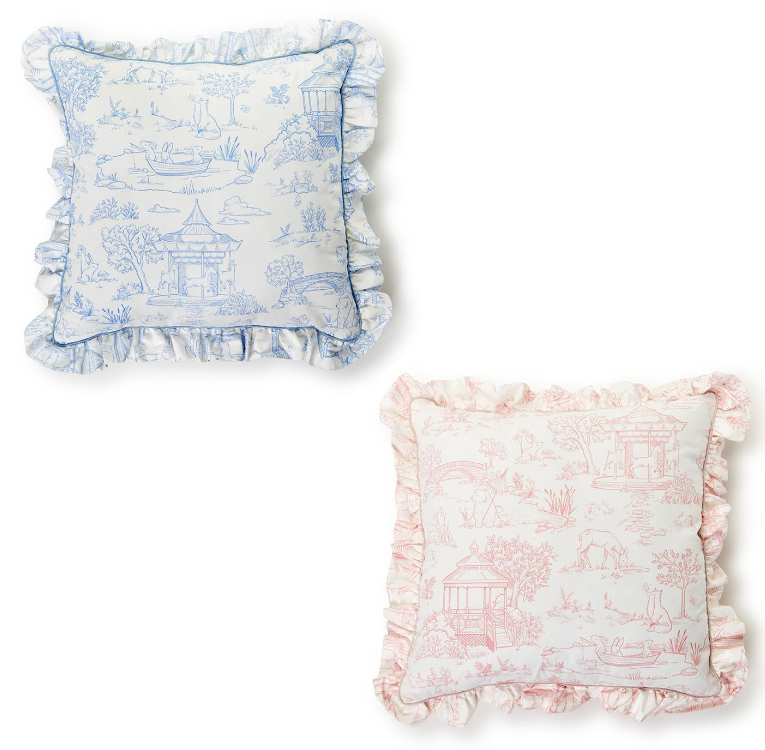 Little Girl and Boy Animal Toile Pillow - Nursery Decor, Playroom Accent, Child's Bedroom Pillow, Ruffle Details, Monogram, Zipper Enclosure