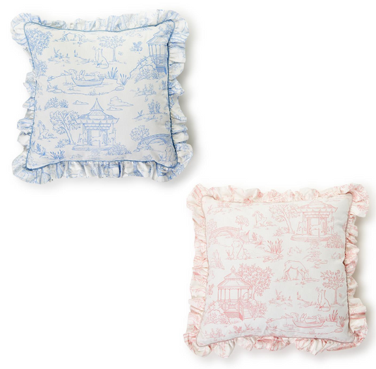 Little Girl and Boy Animal Toile Pillow - Nursery Decor, Playroom Accent, Child's Bedroom Pillow, Ruffle Details, Monogram, Zipper Enclosure