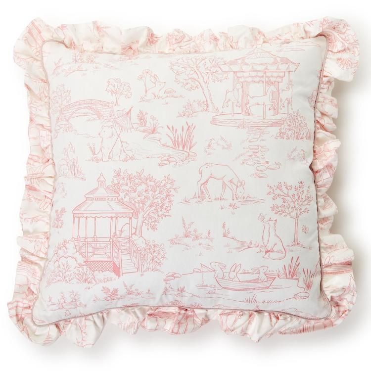 Little Girl and Boy Animal Toile Pillow - Nursery Decor, Playroom Accent, Child's Bedroom Pillow, Ruffle Details, Monogram, Zipper Enclosure