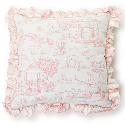 Little Girl and Boy Animal Toile Pillow - Nursery Decor, Playroom Accent, Child's Bedroom Pillow, Ruffle Details, Monogram, Zipper Enclosure