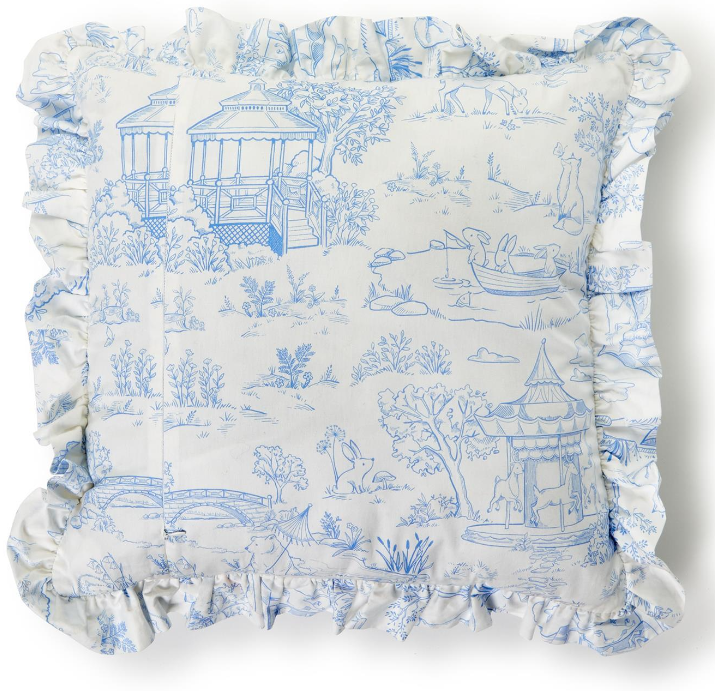 Little Girl and Boy Animal Toile Pillow - Nursery Decor, Playroom Accent, Child's Bedroom Pillow, Ruffle Details, Monogram, Zipper Enclosure