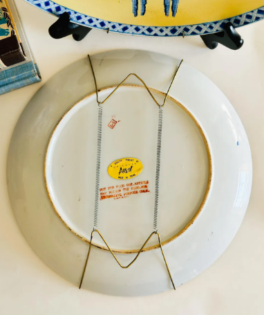 Set of Yellow Decorative Plates with Blue Chairs