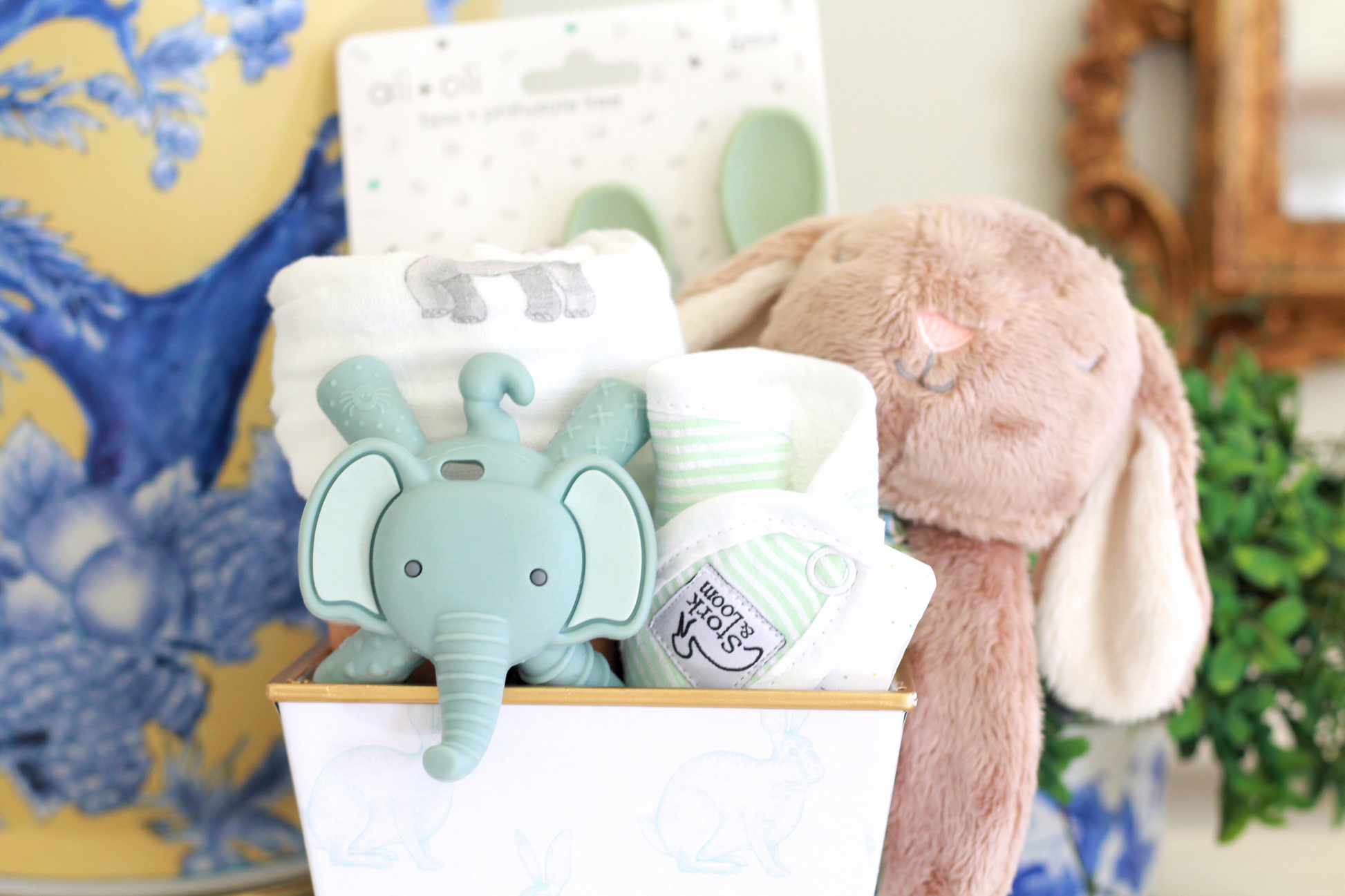 Gender Neutral Gift Basket | Green Bunny Cachepot