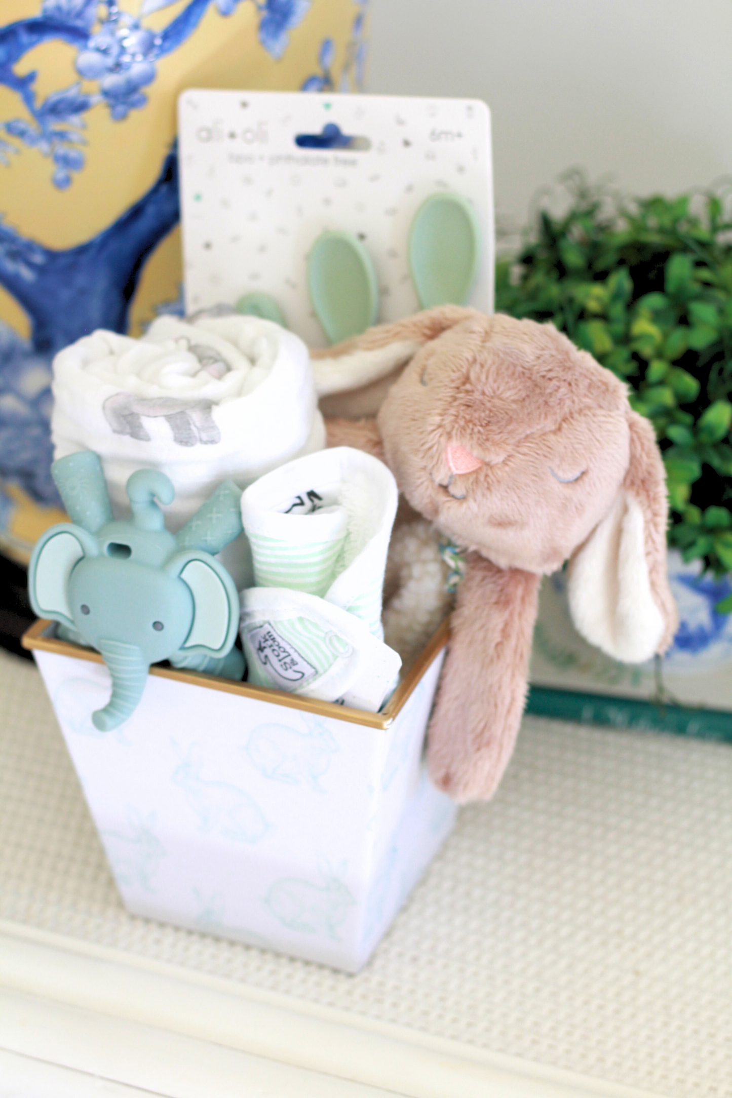 Gender Neutral Gift Basket | Green Bunny Cachepot