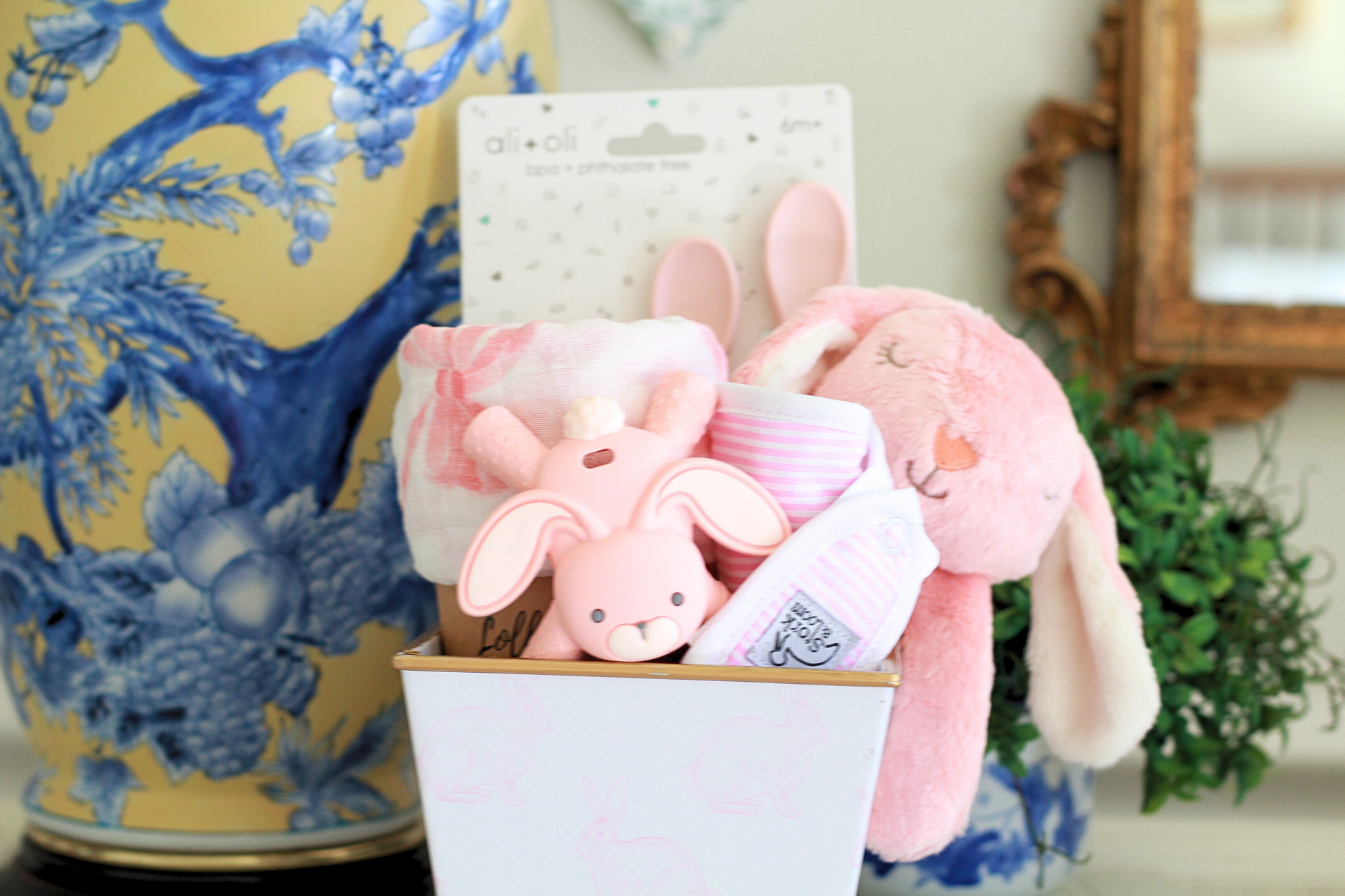 Baby Girl Gift Basket | Pink Bunny Cachepot