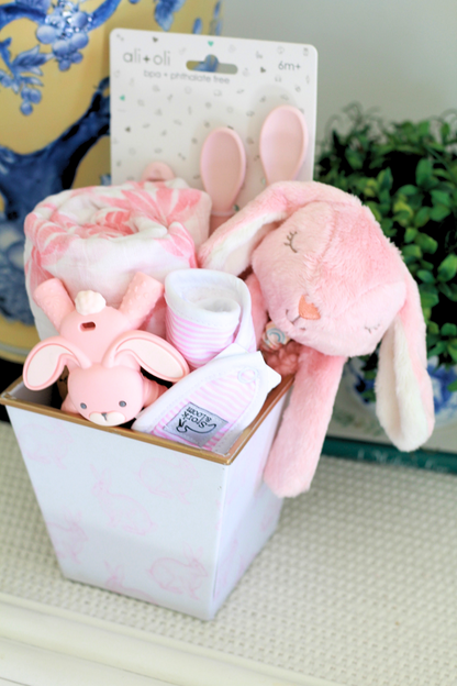 Baby Girl Gift Basket | Pink Bunny Cachepot