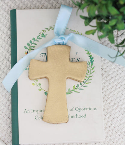 Decorative Gold Cross Ornaments | Light blue Ribbon