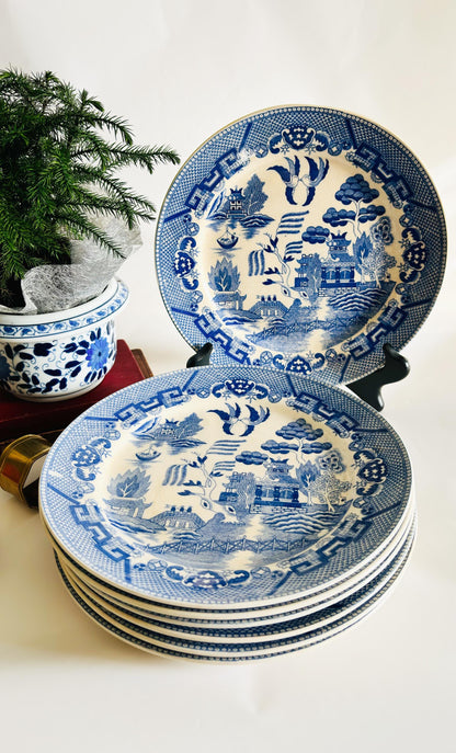 Set of 7 1950s Vintage Blue Willow Dinner Plates 9-1/4” - Made in Japan | Pagoda, Two birds, Cobalt blue | Free Shipping, Shop Now!