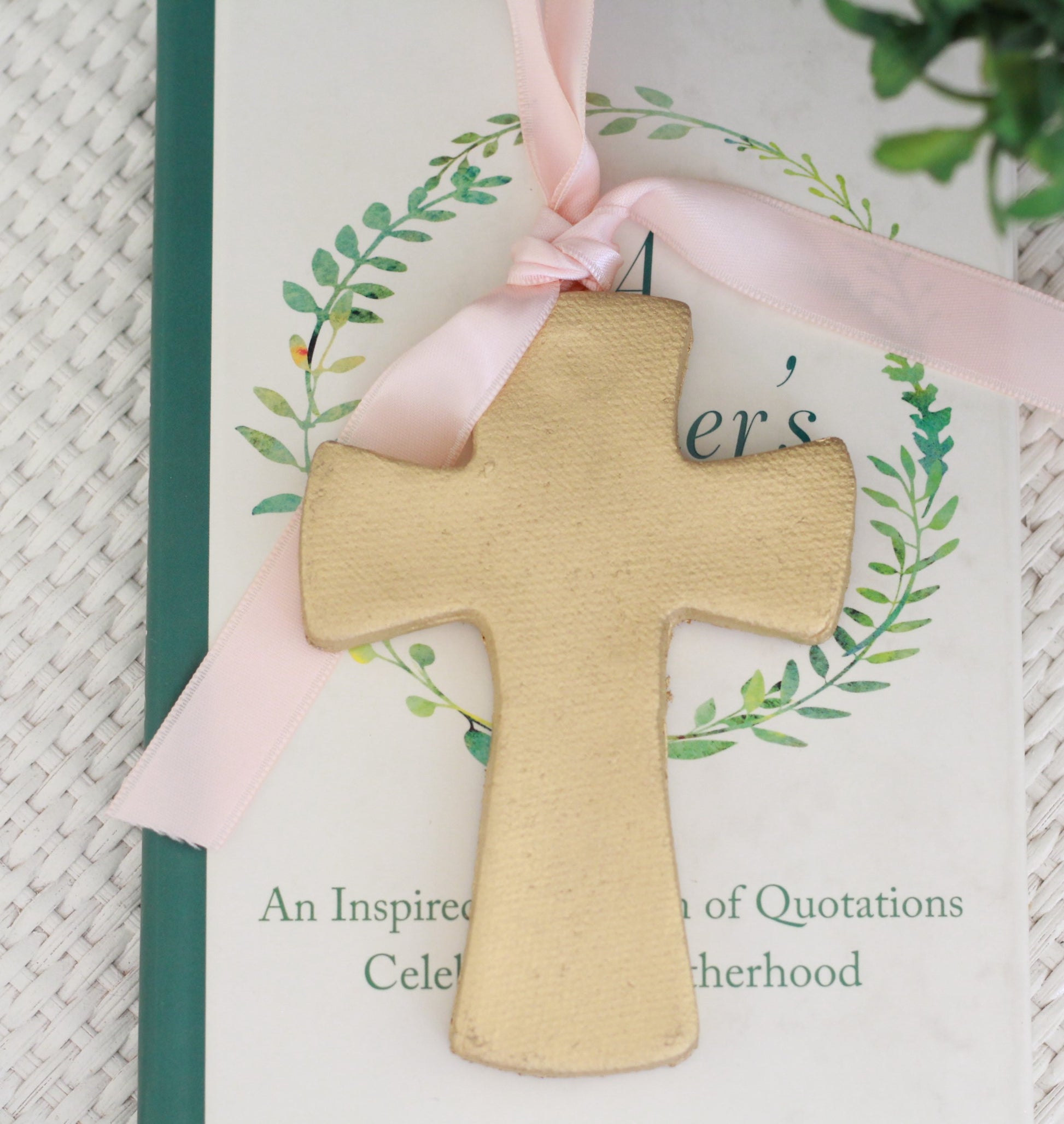 Decorative Gold Cross Ornaments | Light Pink Ribbon Details