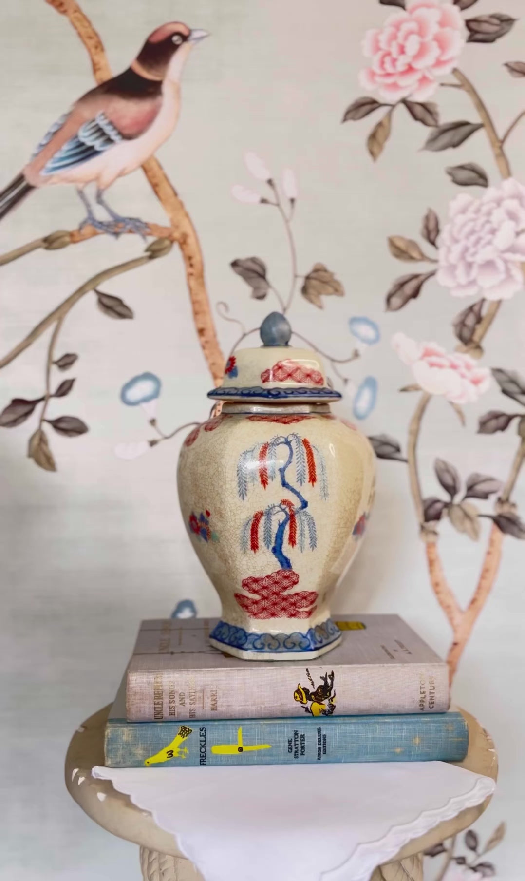 Chinoiserie Ginger Jar, Rust & Blue Floral with Weeping Willow Design, Temple Jar Home Decor - Unique Gift - Free Shipping - Andrea by Sadek