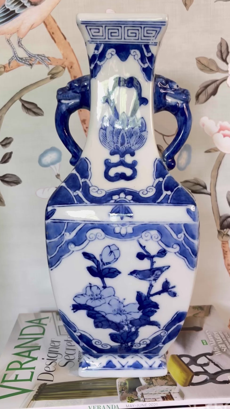 Blue & White Vase w/ Lion Handles, Chinoiserie - Free Shipping